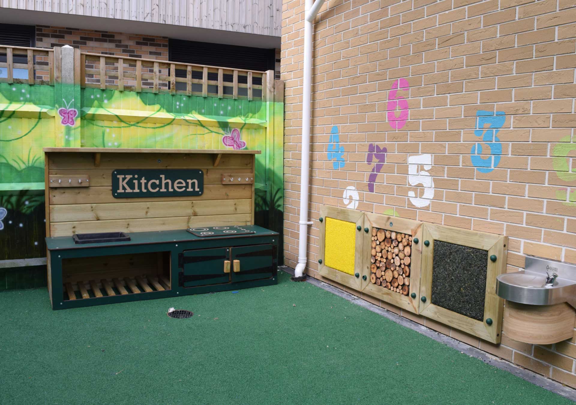 Outdoor mud kitchen and number wall