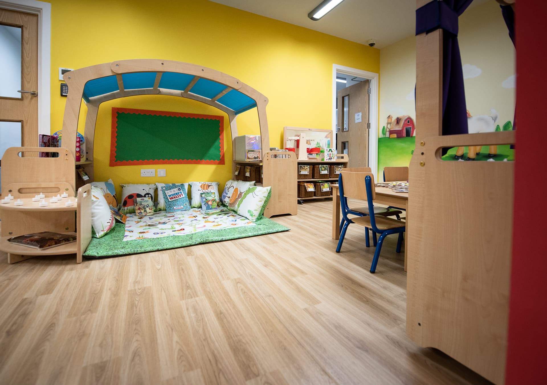 Quiet reading nook with a canopy, cushions and books